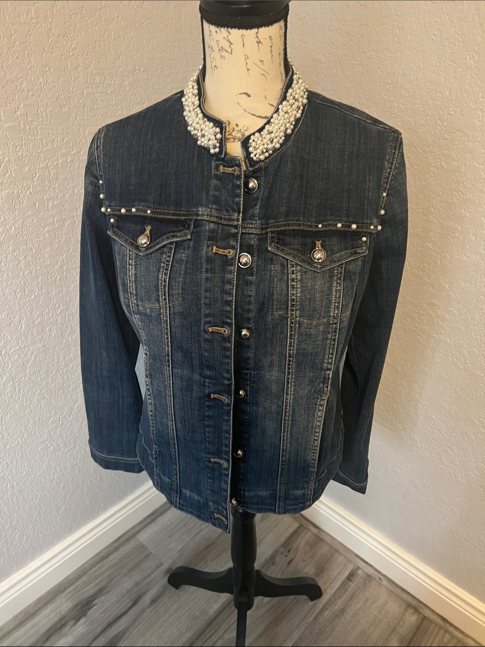 Chico's Dark Blue Denim Jacket with Pearl Collar